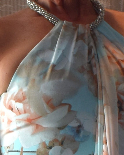 Gorgeous Calvin Klein Floral Fitted Draped Chiffon Halter Maxi-Length Gown with Beaded Neckline