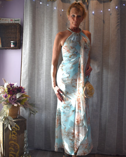 Gorgeous Calvin Klein Floral Fitted Draped Chiffon Halter Maxi-Length Gown with Beaded Neckline
