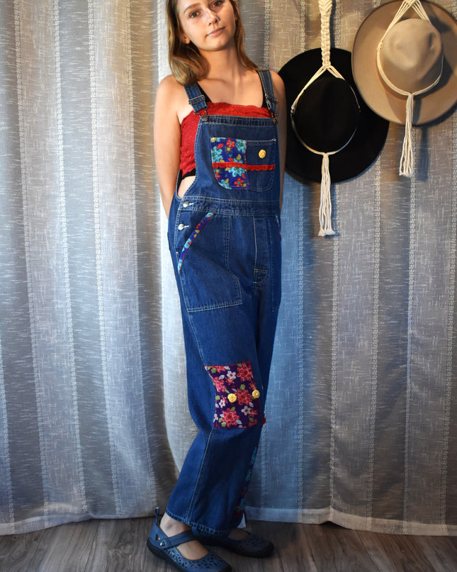 Vintage 90s L.L. Bean Floral Corduroy Patchwork Overalls Girl's LG (Fits Women's XXS/XS/S)