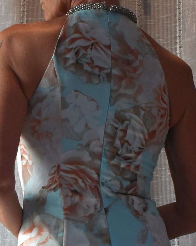 Gorgeous Calvin Klein Floral Fitted Draped Chiffon Halter Maxi-Length Gown with Beaded Neckline
