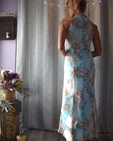 Gorgeous Calvin Klein Floral Fitted Draped Chiffon Halter Maxi-Length Gown with Beaded Neckline