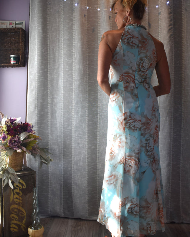 Gorgeous Calvin Klein Floral Fitted Draped Chiffon Halter Maxi-Length Gown with Beaded Neckline