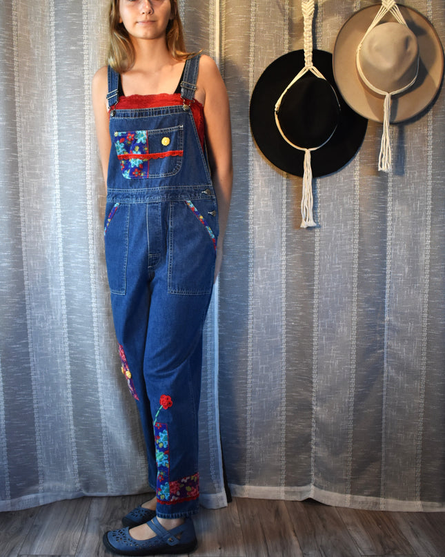 Vintage 90s L.L. Bean Floral Corduroy Patchwork Overalls Girl's LG (Fits Women's XXS/XS/S)