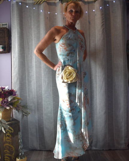 Gorgeous Calvin Klein Floral Fitted Draped Chiffon Halter Maxi-Length Gown with Beaded Neckline
