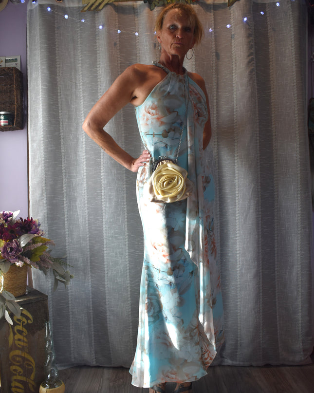 Gorgeous Calvin Klein Floral Fitted Draped Chiffon Halter Maxi-Length Gown with Beaded Neckline