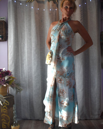 Gorgeous Calvin Klein Floral Fitted Draped Chiffon Halter Maxi-Length Gown with Beaded Neckline