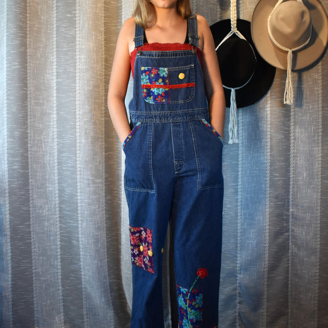Vintage 90s L.L. Bean Floral Corduroy Patchwork Overalls Girl's LG (Fits Women's XXS/XS/S)