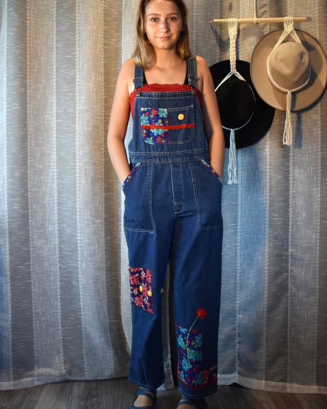 Vintage 90s L.L. Bean Floral Corduroy Patchwork Overalls Girl's LG (Fits Women's XXS/XS/S)