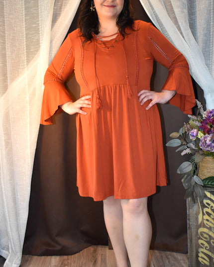 New HV Laced Front Rust Colored Boho-Style Mini Dress With Bell Sleeves and Lace -Up Neckline