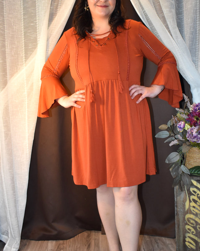 New HV Laced Front Rust Colored Boho-Style Mini Dress With Bell Sleeves and Lace -Up Neckline