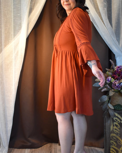 New HV Laced Front Rust Colored Boho-Style Mini Dress With Bell Sleeves and Lace -Up Neckline