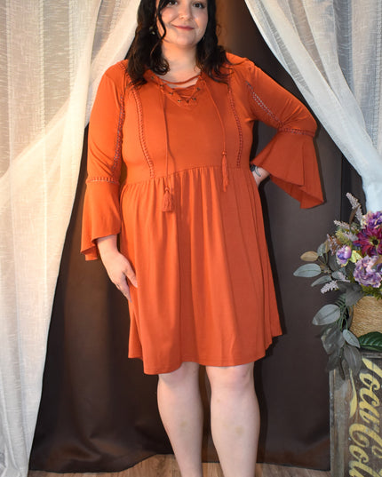 New HV Laced Front Rust Colored Boho-Style Mini Dress With Bell Sleeves and Lace -Up Neckline