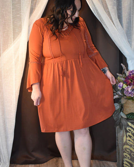 New HV Laced Front Rust Colored Boho-Style Mini Dress With Bell Sleeves and Lace -Up Neckline