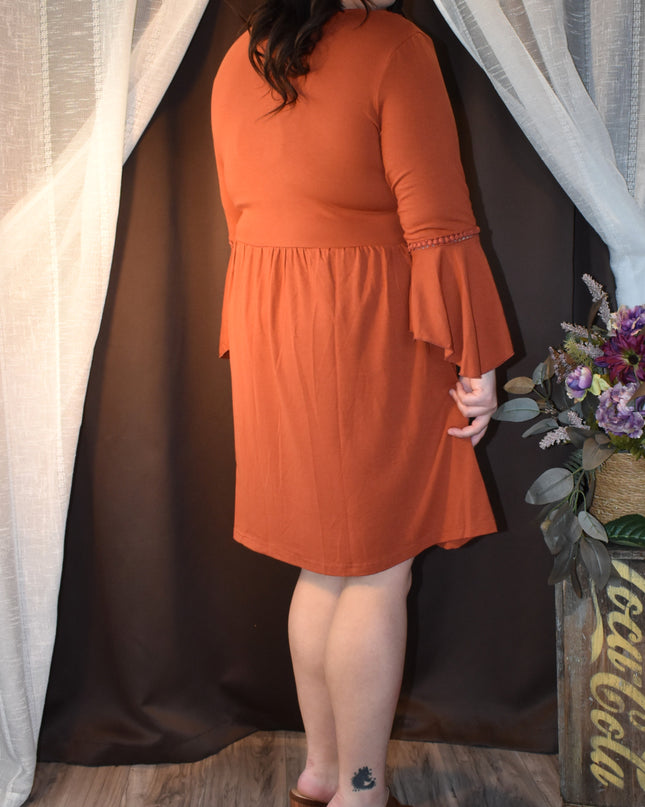 New HV Laced Front Rust Colored Boho-Style Mini Dress With Bell Sleeves and Lace -Up Neckline