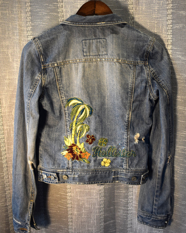 Vintage Y2k Hollister Distressed Cali Embroidered Cropped Denim Jacket with Sequins and Beads