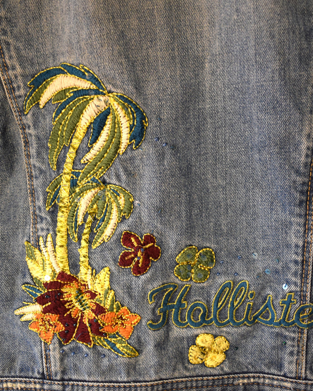 Vintage Y2k Hollister Distressed Cali Embroidered Cropped Denim Jacket with Sequins and Beads