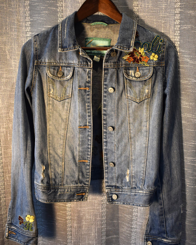Vintage Y2k Hollister Distressed Cali Embroidered Cropped Denim Jacket with Sequins and Beads