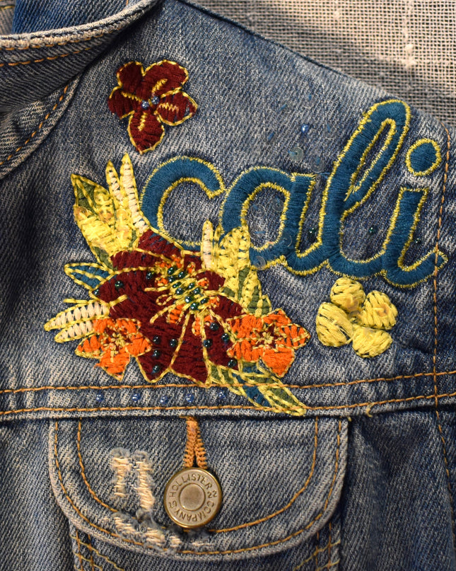 Vintage Y2k Hollister Distressed Cali Embroidered Cropped Denim Jacket with Sequins and Beads