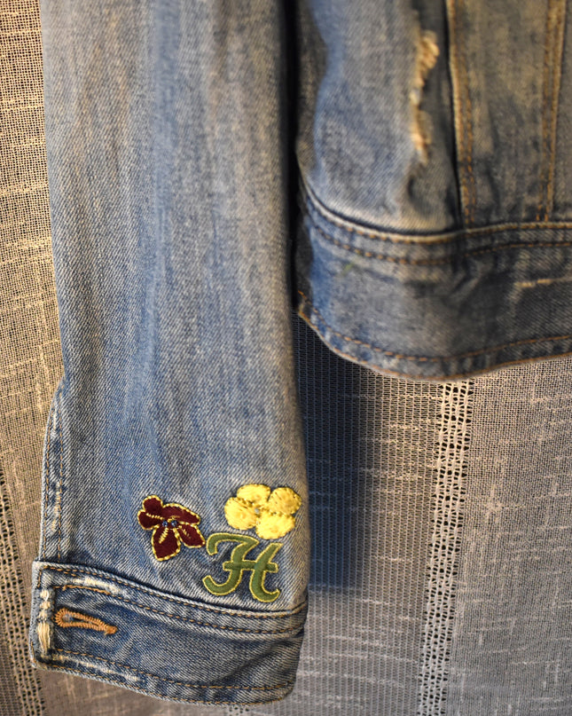 Vintage Y2k Hollister Distressed Cali Embroidered Cropped Denim Jacket with Sequins and Beads