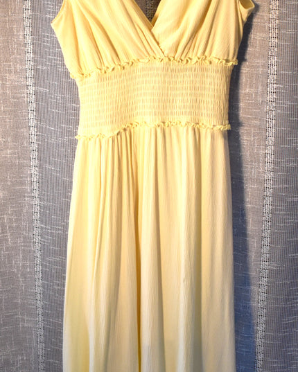 Justify Yellow Surplice Neckline Shirred Waist Sleeveless Maxi Sundress with Ruffles and Eyelet Hem