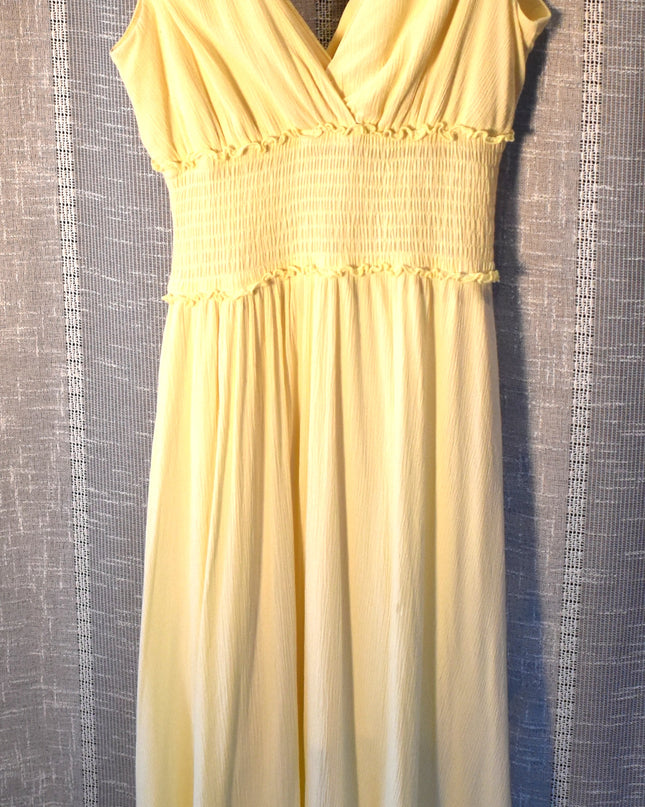 Justify Yellow Surplice Neckline Shirred Waist Sleeveless Maxi Sundress with Ruffles and Eyelet Hem