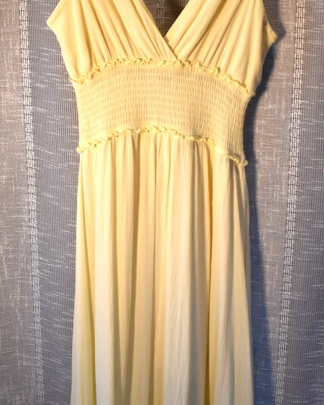 Justify Yellow Surplice Neckline Shirred Waist Sleeveless Maxi Sundress with Ruffles and Eyelet Hem