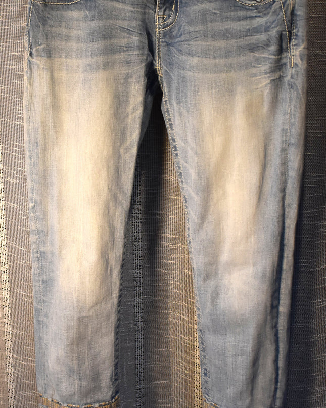 Miss Me Signature Cuffed Skinny Light Washed Rhinestone Embellished Jeans with Tan & White Embroidery