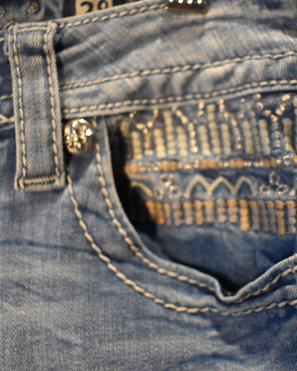 Miss Me Signature Cuffed Skinny Light Washed Rhinestone Embellished Jeans with Tan & White Embroidery