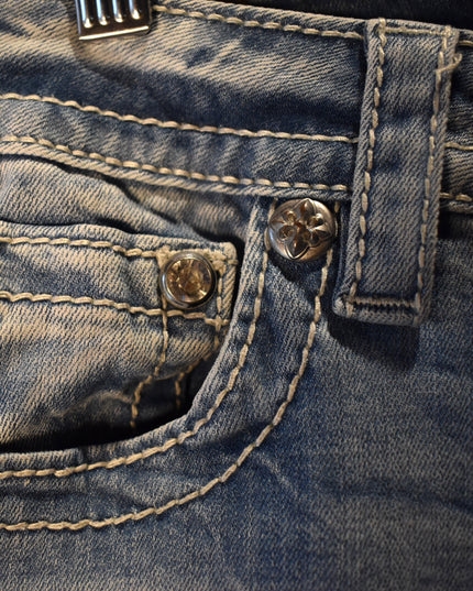 Miss Me Signature Cuffed Skinny Light Washed Rhinestone Embellished Jeans with Tan & White Embroidery