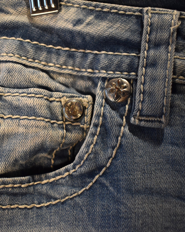 Miss Me Signature Cuffed Skinny Light Washed Rhinestone Embellished Jeans with Tan & White Embroidery