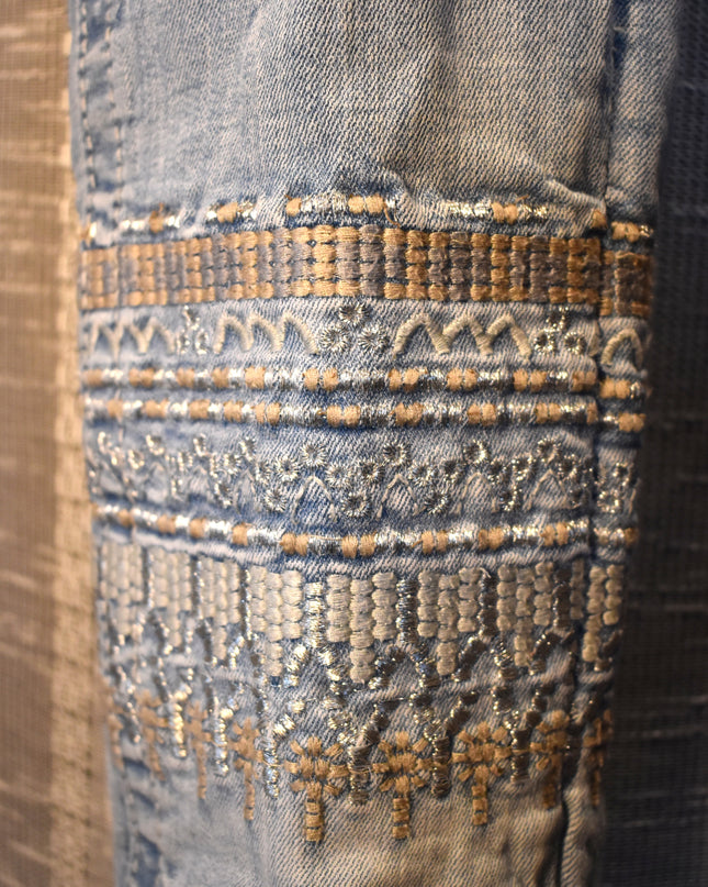 Miss Me Signature Cuffed Skinny Light Washed Rhinestone Embellished Jeans with Tan & White Embroidery