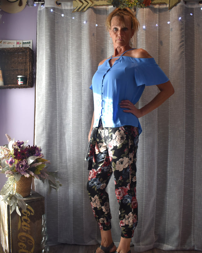 New Express Blue Button Front Cold Shoulder Flowy Blouse