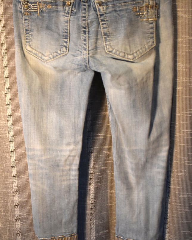 Miss Me Signature Cuffed Skinny Light Washed Rhinestone Embellished Jeans with Tan & White Embroidery