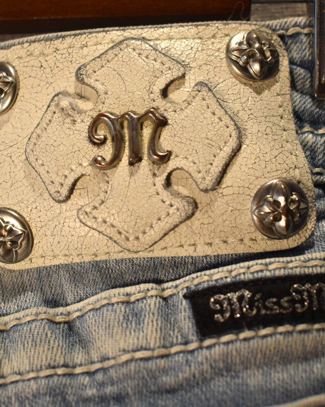 Miss Me Signature Cuffed Skinny Light Washed Rhinestone Embellished Jeans with Tan & White Embroidery