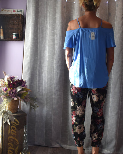 New Express Blue Button Front Cold Shoulder Flowy Blouse