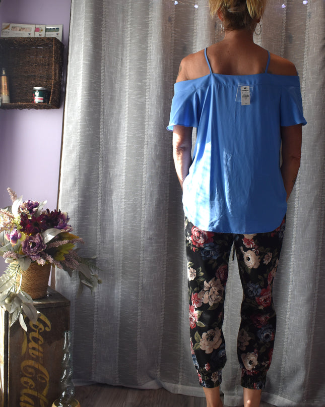 New Express Blue Button Front Cold Shoulder Flowy Blouse