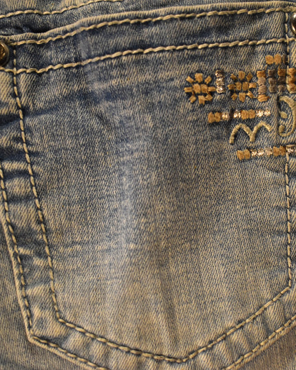 Miss Me Signature Cuffed Skinny Light Washed Rhinestone Embellished Jeans with Tan & White Embroidery