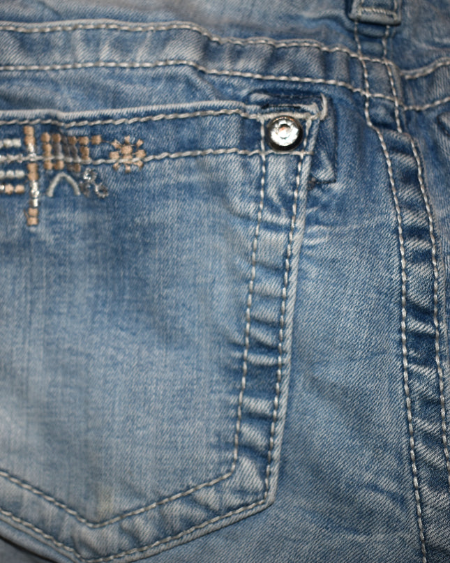 Miss Me Signature Cuffed Skinny Light Washed Rhinestone Embellished Jeans with Tan & White Embroidery