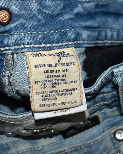 Miss Me Signature Cuffed Skinny Light Washed Rhinestone Embellished Jeans with Tan & White Embroidery