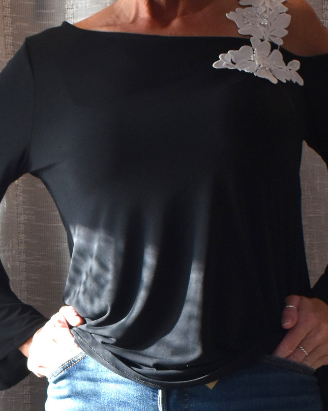 Alfani Stretch Applique Floral Shoulder Blouse with Bell Sleeves