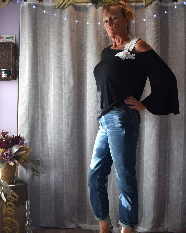 Alfani Stretch Applique Floral Shoulder Blouse with Bell Sleeves