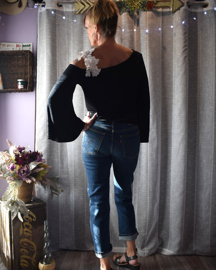 Alfani Stretch Applique Floral Shoulder Blouse with Bell Sleeves