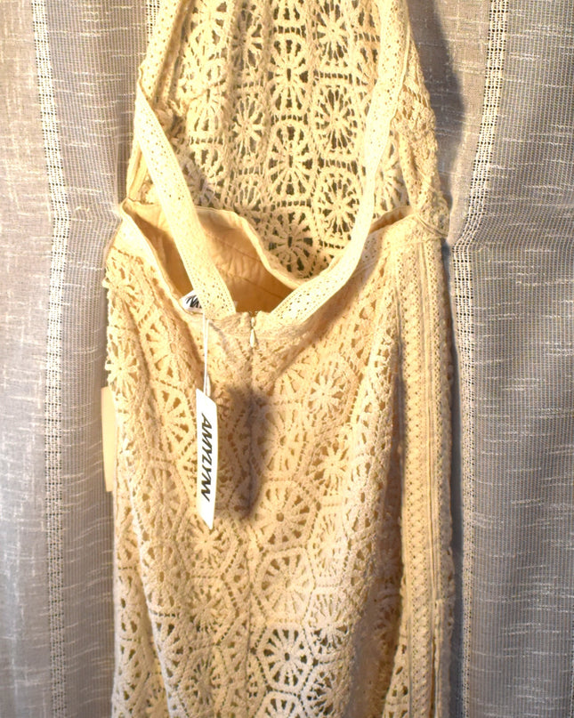 New Amylynn Tuscany Crochet Lace Boho Cut Out Back Sheer Bust Halter Midaxi Dress