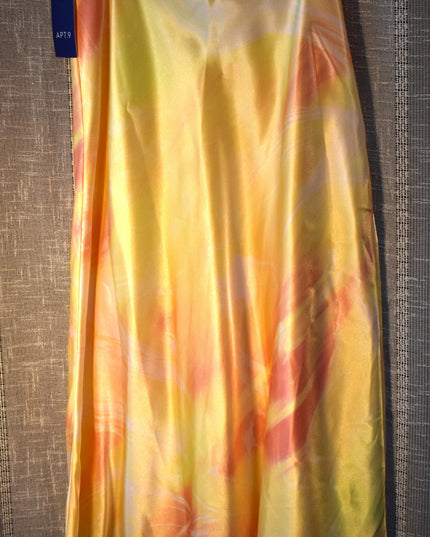 New Apt. 9 Silk Shiny Silky Tie Dye Design Coral & Yellow Flare Midi Skirt