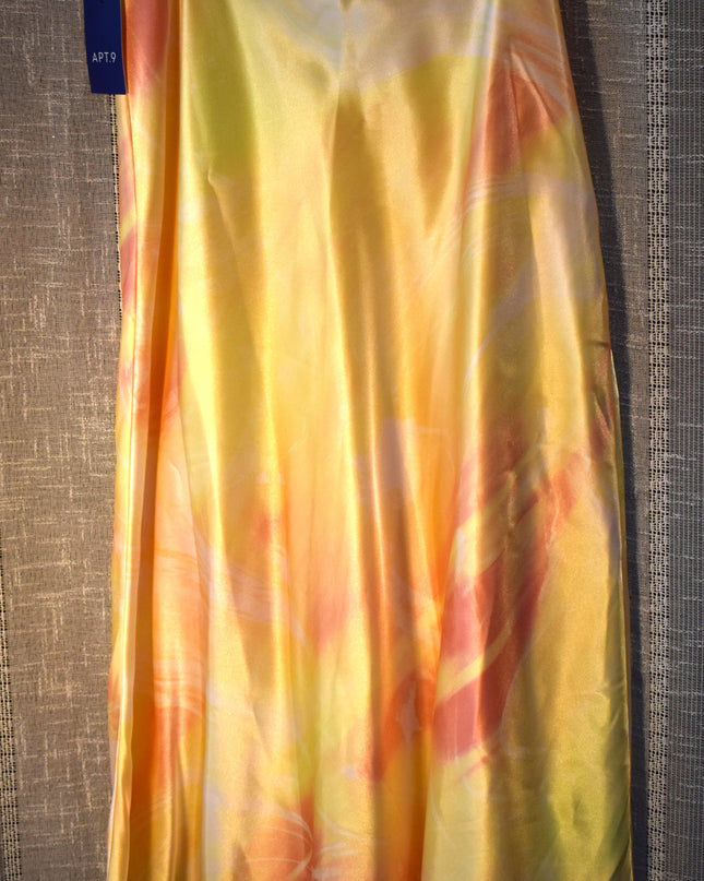 New Apt. 9 Silk Shiny Silky Tie Dye Design Coral & Yellow Flare Midi Skirt