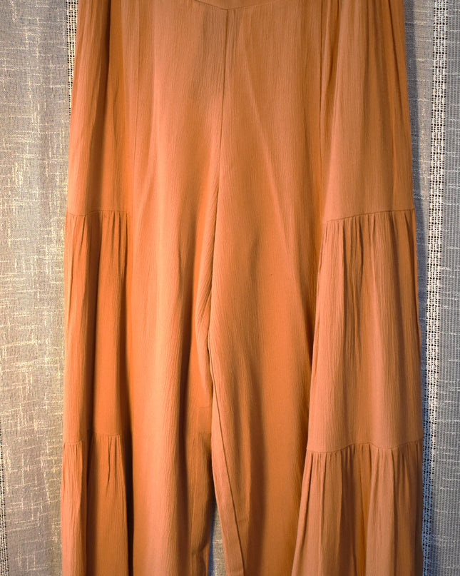 New Simplee Bronze Colored Tiered Wide Leg Palazzo Pants with Smocked Waist