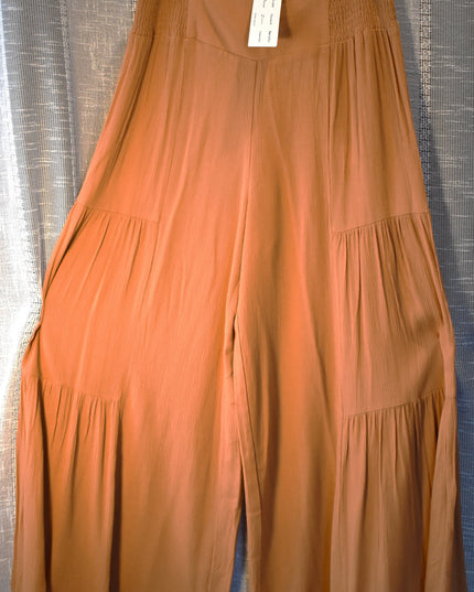 New Simplee Bronze Colored Tiered Wide Leg Palazzo Pants with Smocked Waist