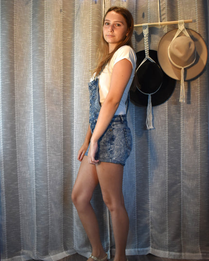 Wax Jean "Light Acid" Wash Denim Shortall Overalls - Button Front Romper Shorts -Size S