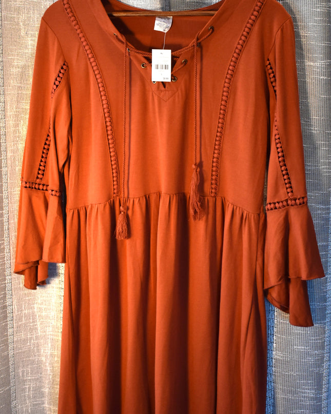 New HV Laced Front Rust Colored Boho-Style Mini Dress With Bell Sleeves and Lace -Up Neckline
