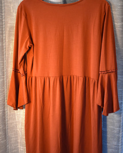 New HV Laced Front Rust Colored Boho-Style Mini Dress With Bell Sleeves and Lace -Up Neckline